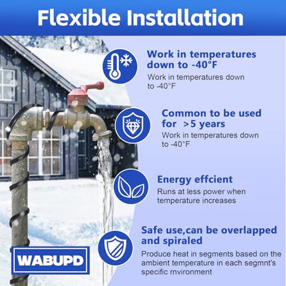 3FT-200FT Heat Tape for Water Pipes, -40°F Deicing Pipe Heat Cable,Electric Heating Cable Pipe,Frezze Protection for Heat Trace Cable for Metal, Plastic Home Pipes,Gutter,120V 5W/ft（100FT） - size: 100FT