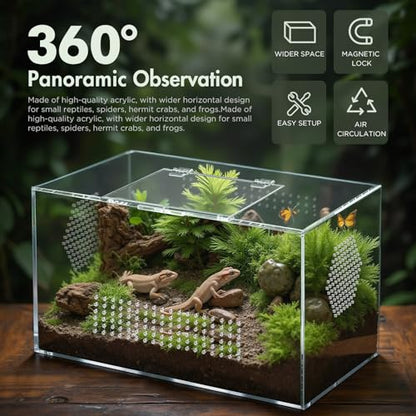 Acrylic Reptile Terrarium, Pre-Assembled Tarantula Enclosure with All-Side Ventilation & Magnetic Door, Tank for Spider, Gecko, Mantis, Frog, Snail, Isopods, 12"x7"x7" (Tweezer & Hygrometer Included) - size: Large Horizontal (12"×7"×7")