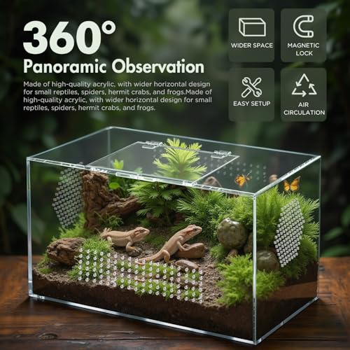 Acrylic Reptile Terrarium, Pre-Assembled Tarantula Enclosure with All-Side Ventilation & Magnetic Door, Tank for Spider, Gecko, Mantis, Frog, Snail, Isopods, 12"x7"x7" (Tweezer & Hygrometer Included) - size: Large Horizontal (12"×7"×7")