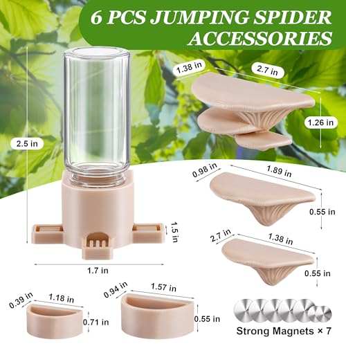 6 Pcs Jumping Spider Accessories, Mushroom Ledges & Feeding Dish and Water Dispenser, Magnets Jumping Spider Enclosure/Habitat Decor for Small Animals, Geckos, Tarantulas
