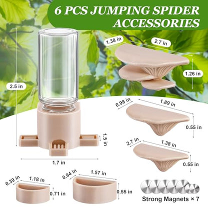 6 Pcs Jumping Spider Accessories, Mushroom Ledges & Feeding Dish and Water Dispenser, Magnets Jumping Spider Enclosure/Habitat Decor for Small Animals, Geckos, Tarantulas