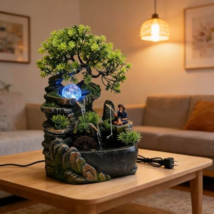 11.81in Rockery Tabletop Fountain Indoor Waterfall Fake Bonsai Desk Decor | Feature Mini Water Fountain Desktop Decor Humidifier with Pump and LED Light, Home Office Bedroom Relaxing (No Atomizer)
