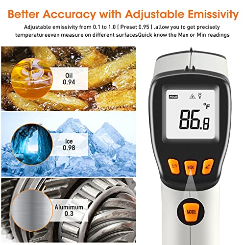 IR Laser Thermometer Temperature Gun, -58°F to 1022°F Non-Contact Infrared Temp Gun with Adjustable Emissivity & LCD Display for Cooking, Ice Tea Making, BBQ, Industrial and Objects - color: Gray -58°F ~ 1022°F
