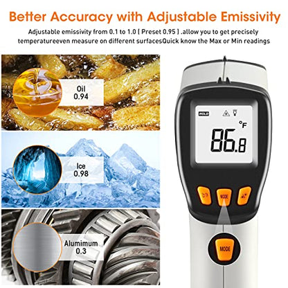 Infrared Thermometer, Laser Temperature Gun for Cooking, Non Contact Temp Gauge, Adjustable Emissivity IR Thermometer Heat Temperature Reader Gun -58 to 788℉, -50 to 420℃(Not for Human) - color: -58°F~788°F Gray