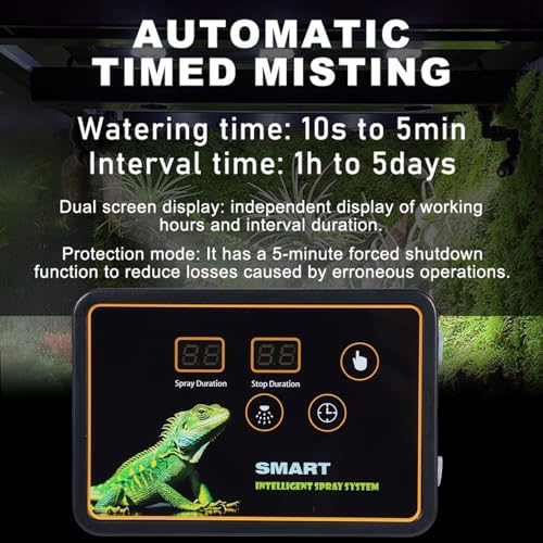 Reptile Smart Misting System Intelligent Spray System 2pcs Spray Nozzles 360 ° Adjustment Hook or Suction Cup Install Timed Spray for Tank Lizard, Chameleon, Snake, Turtle, Frog, Plant