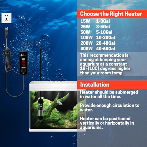 AquaMiracle Upgraded 50W Small Aquarium Heater Fish Tank Heater Turtle Heater Super Mini Aquarium Heater, Dry-Run/Overheating Protection and Memory Function, Dual LED Display, for 5-10 Gal Tanks - size: For 5-10 Gal Aquariums