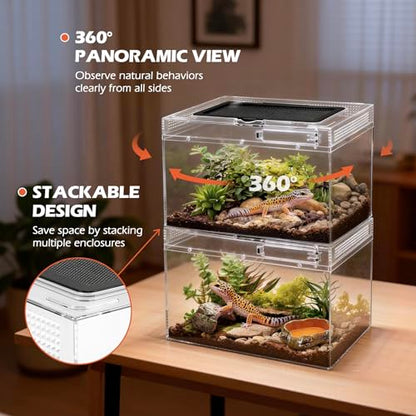 AZV Reptile Tank Starter Kit,8 Piece Escape Proof Hermit Crab Cage Large | All In One Lizard Terrarium,Multi-Vent Compatible Gecko Habitat,Clear PC Material Frog Enclosure,Easy-Clean Waterproof Base - size: Large(15.6*10*8IN)