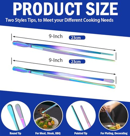 JETKONG 2 Pcs 9-Inch Culinary Tweezers Food Tweezers Kitchen Tweezer Tongs for Cooking (Rainbow) - color: Rainbow, size: 9+9 Inch