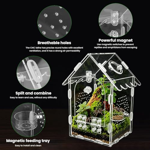 Jumping Spider Enclosure Kit, Clear Acrylic Reptile Enclosure Bug Habitat, Terrarium for Tarantulas, Mantis,Hermit Crabs,Snail(5" X 4" X 8")