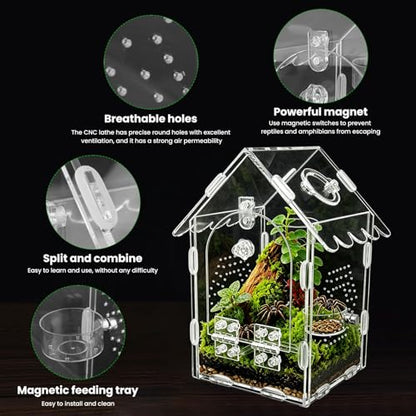 Jumping Spider Enclosure Kit, Clear Acrylic Reptile Enclosure Bug Habitat, Terrarium for Tarantulas, Mantis,Hermit Crabs,Snail(5" X 4" X 8")