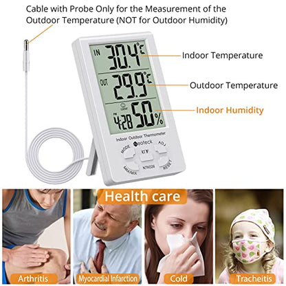 Neoteck 3 in 1 Thermometer Hygrometer with Clock Large LCD Display, Digital Humidity Temperature Meter 1.5m Sensor Wire for Indoor Outdoor Use