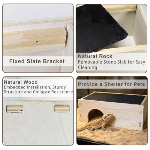 Bearded Dragon Basking Platform,Wood Gecko Hide with Basking Slate Rock,Wooden Reptile Hide Hideout Cave Terrarium Decor,Leopard Gecko Climbing Tank Accessories for Lizard,Gecko,Snake,Turtle
