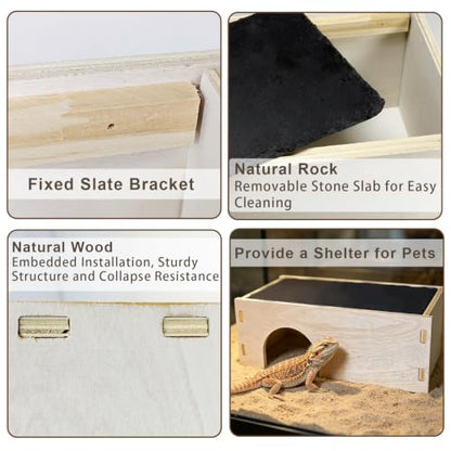Bearded Dragon Basking Platform,Wood Gecko Hide with Basking Slate Rock,Wooden Reptile Hide Hideout Cave Terrarium Decor,Leopard Gecko Climbing Tank Accessories for Lizard,Gecko,Snake,Turtle
