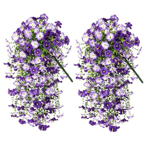 AirSun Artificial Morning Glory Flower Vines, 2pcs Hanging Plants Silk Garland Fake Green Plant Home Garden Wall Fence Indoor Outdoor Wedding Birthday Decor - color: Purple White