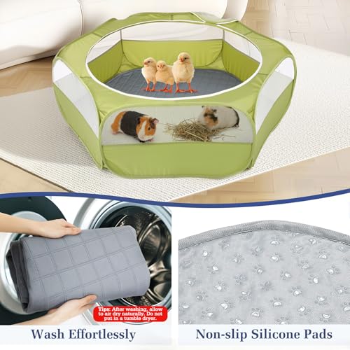 2-in-1 Small Animals Playpen with Pad, Waterproof Small Pet Cage Tent with Reusable Pad, Portable Outdoor Yard Fence with 3 Metal Rod for Chick/Kitten/Puppy/Guinea Pig/Rabbits/Chinchillas, Green+Gray - color: U-Green+Gray