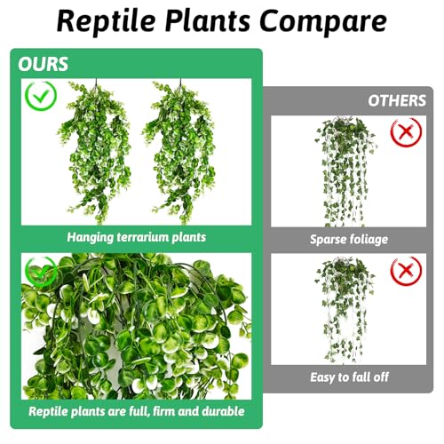 Hamiledyi 6 PCS Hanging Fake Plants for Reptiles, Fake Reptile Plants for Reptiles Tank with Suction Cup, Reptile Plants Jungle Hanging Vines for Bearded Dragon Tank (Green and White) - size: 6 PCS