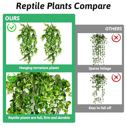 Hamiledyi 6 PCS Hanging Fake Plants for Reptiles, Fake Reptile Plants for Reptiles Tank with Suction Cup, Reptile Plants Jungle Hanging Vines for Bearded Dragon Tank (Green and White) - size: 6 PCS