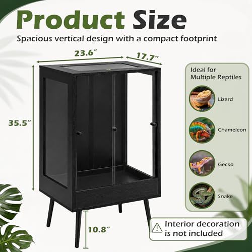 PROLEE 24" x 18" x 36" Tall Reptile Terrarium with Leg Stand, 65 Gallon Vertical Glass Chameleon Cage with Front Opening Doors, Ventilated Mesh Top, Rainforest Habitat for Arboreal Reptiles, Black - size: 24" L x 18" W x 36" H, 65 Gallon