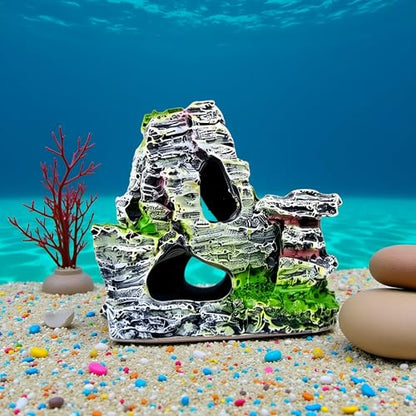 Artificial Moss Rock Aquarium Stone Cave, Resin Fish Tank Decor for Hiding and Landscaping, Small Mountain Terrain Ornament, Natural-Looking Habitat for Fish, Shrimp, and Reptiles, Decoration