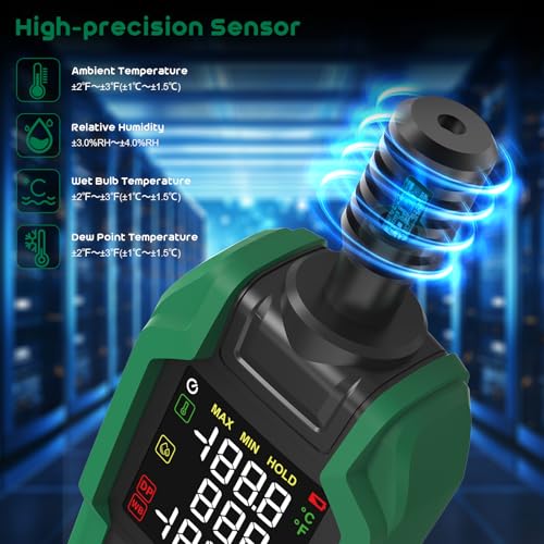 Temperature Humidity Meter, SQECH Digital Hygrometer with Ambient Thermometer,Wet Bulb,Flashlight,Max/Min,Data Hold,High Precision Psychrometer Monitor with Color Backlight for Home Havc