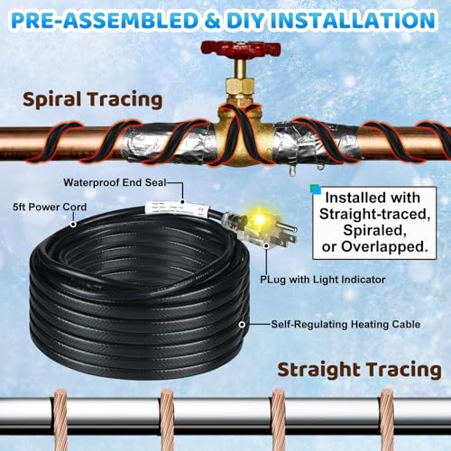 Kingdder 36 Ft (6FT~48FT) Heat Tape for Water Pipes Thermostat Self Regulating Heating Cable with Power Indicator Plug Built-in, Heavy Duty Heating Cable for Pipe Freeze Protection, 120V 8W/ft - size: 36 Ft