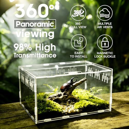 Acrylic Reptile Terrarium, Tarantula Enclosure with Magnetic Door, Easy-Clean Reptile Tank for Spider, Insect, Gecko, Mantis, Frog, Snail, Isopods- 11.4" X 7.8" X 5.9"(Tweezer and Bowl Included)