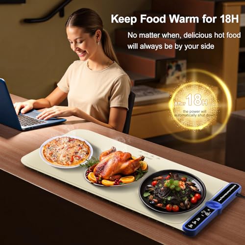 Extra Large Food Warming Mat XXL 40"x15" 550W, 8-Sec Fast Heating Silicone Warming Tray Touchscreen, 9 Temp Levels, 1-6H Timer, Child Lock, Rollable for Party Thanksgiving Buffet, Party,Beige - size: Beige-XXL 15*40in