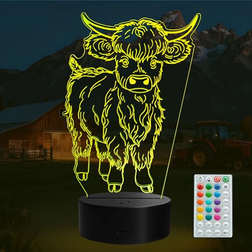 Highland Cow Gifts, 3D Cow Night Light, 16 Colors with Remote Control, Timer, RGB Flashing Mode, Dimmable LED Illusion Lamp, Highland Cow Stuff for Birthday Holiday Christmas Decor - color: Color 10