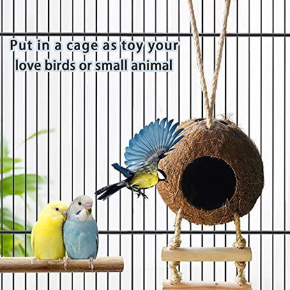 Bird Hides Coconut Nest with Wood Ladder,Syrian Hamster Cage Hanging Natural Coco Shell Hut Hide Toy with Wooden Bridge,Hollow Hideaway Toys for Small Animal Rat Lovebird Finches - size: 1PCS 22.04x13.38in