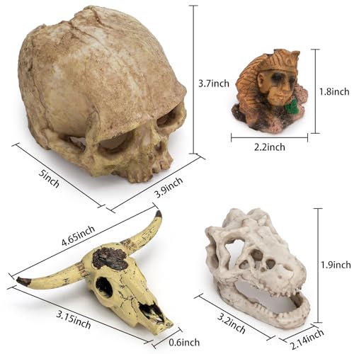 Lawei 4 Pieces Aquarium Resin Skull Ornaments, Desert Reptile Hideouts Decorations, Human Skeleton Dinosaur Cattle Skull for Fish Tanks Decorative, Small Decor Statue Cave Landscape Pet Reptile House