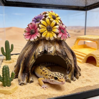 Humid Hide for Leopard Gecko – Resin Reptile Hide with Artificial Flowers, Tree Stump Cave for Crested Gecko Corn Snake Juvenile King Snake, Terrarium Decor Accessory (7.3"x6.7"x5.5")