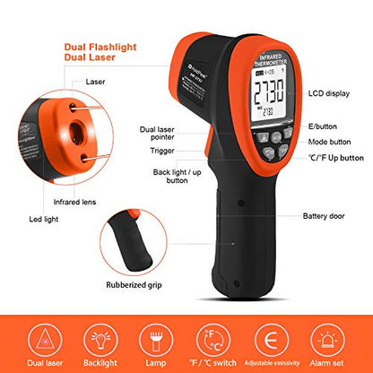 HOLDPEAK Pyrometer D:S=30:1, High Temp Infrared Thermometer -58℉~2732℉, Non-Contact Industrial Laser Thermometer Gun, Digital IR Temperature Gauge 2732 (NOT for Human) - color: 1PC-2732-ORANGE(-50~1500℃)