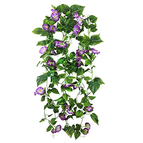 FERIAL Artificial Vines 15Feet Silk Flower Garland for Outdoors Purple Morning Glory Vine Artificial Flowers Hanging Plants Garland Fake Green Plant 2Pcs for Wall Fence Indoor Wedding Banquet Decor - color: Purple