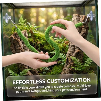 Lurrose Reptile Climbing Vines for Habitat Decor, Flexible Artificial Moss Rope 50cm with Suction Cup Hook, Jungle Vine Swing for Lizards Snakes and Small Animals