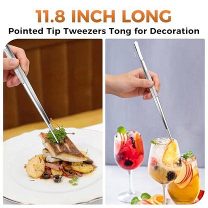 12 Inch Kitchen Tweezer Tongs, 2 PCS Stainless Steel Round & Precision Pointed Tip Extra Long Tweezers Multi-Use Kitchen Tweezers for Cooking, BBQ, plating, Grilling & Food Prep
