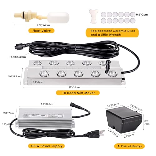 Ultrasonic Fogger 10 Head Ultrasonic Mist Maker Fogger Pond Mister Fogger with Float for Halloween Decorations Aquarium Fish Tank Terrarium Greenhouse Plants Fountain, 19.8 lb/h (9000ml/h)