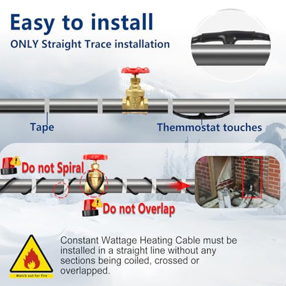 3ft 7w/ft Constant Wattage Pipe Heat Cable - CSA/ETL Certified, Energy-Saving for Metal & Water-Filled Plastic Pipes, Keeps Water Flowing at -40°F, 120V - style: 3 Feet