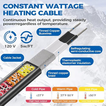155FT（3FT-200FT） Pipe Heating Cable for Pipe Freeze Protection, Heat Cable for Water Pipes(Metal and Plastic), Pipe Heat Tape Keeps Water Flowing at -40°F 5w/ft, 120V Plumbing fixture - size: 155FT