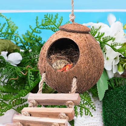 U0U Hermit Crab Coconut Husk Hut with Branch Ladder,Coconut House Hermit Crab Shells Reptile Habitat,Coconut Nest Hangable Suitable for Animal Hiding Sleep (Coconut Shell with Fiber)