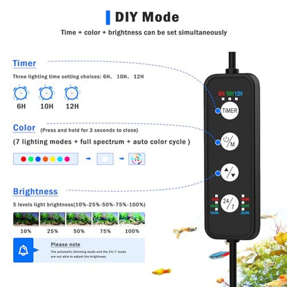 AQQA LED Aquarium Light, 24/7 Mode Clip on Fish Tank Light with Memory Function, DIY Mode Full Spectrum Aquarium Plant Light, Adjustable Timer/Brightness, IP68 Waterproof for 11-16 Inch Fish Tank 11W