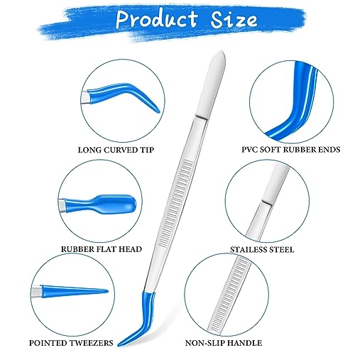 Honoson 3 Pieces Rubber Tipped Tweezers for Crafting Set - PVC Coated Flat, Straight & Bent Tips Stamps, Beads, Jewelry(Blue) - color: Blue