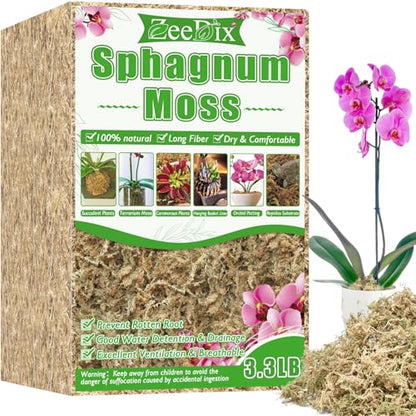 ZeeDix 3.3 lb Premium Sphagnum Moss Bulk, Dried Long Fiber Orchid Sphagnum Peat Moss for Indoor Outdoor Plants, Carnivorous Plants, Succulent, Monstera & Reptiles Habitats (Expands to 60 qt) - size: 3.3 pounds