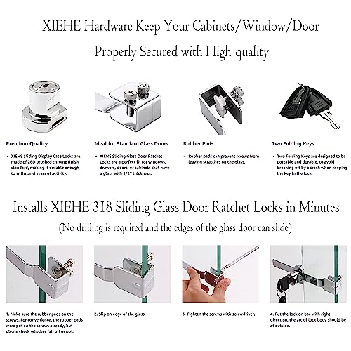 XIEHE 318 Sliding Window Locks, Closet Locks for Sliding Glass Doors with 2 Keys, Display Cabinet Showcase Lock with Chrome Finish, No Drill Burglar Bars for Sliding Doors (2 Pack, Keyed Alike) - size: 2pack, Keyed Alike