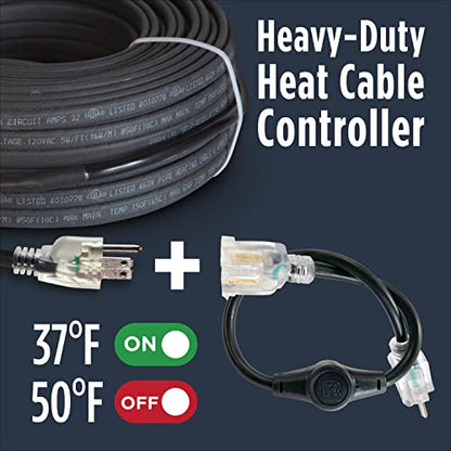 ThermaCord 120v Heat Cable Controller, Weatherproof Outdoor Thermostat, Energy-Saving, Turns Heat Cable On and Off Automatically, UL-Certified, Industrial Grade, Fits Outdoor Outlets, 16” Long
