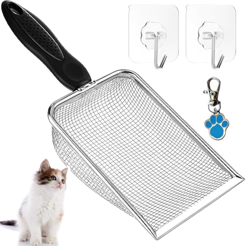 Cat Litter Scoop, Stainless Steel Cats Sturdy Mesh Scooper Kitty Metal Scooper Long Handle Scooper Shovel Sifter for All Litter Types Metal Cat Scooper for Litter Box - color: 3.8mm Cat Litter Scoop