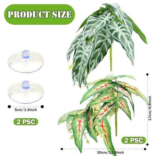 QUOZUO 2 Pack Reptile Plants for Terrarium, Artificial Leaves Habitat Decorations with Suction Cups, Terrarium Hanging Plants Vines for Bearded Dragons Lizards Snake Geckos Frogs - red and White