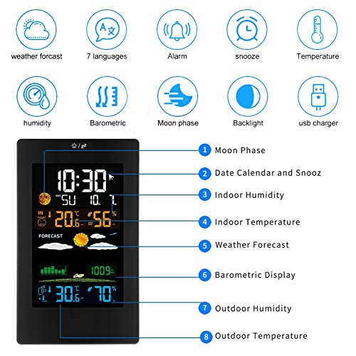 Wireless Weather Station Indoor Outdoor Weather Forecaster Sensor Digital Thermometer Hygrometer Monitor Moon Phase
