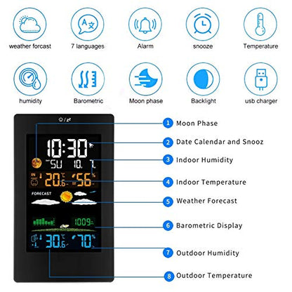 Wireless Weather Station Indoor Outdoor Weather Forecaster Sensor Digital Thermometer Hygrometer Monitor Moon Phase