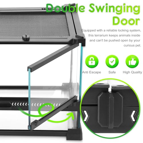 12"x8"x12" Reptile Terrarium, Double-Door Glass Arboreal Vivarium for Small Climbing Lizards Such as Juvenile Agamas, with Lock, Cable Port & Waterproof Deep Base Below Front Doors