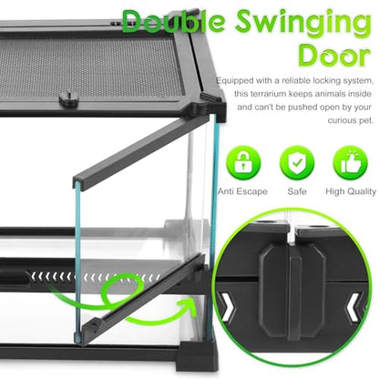 12"x8"x12" Reptile Terrarium, Double-Door Glass Arboreal Vivarium for Small Climbing Lizards Such as Juvenile Agamas, with Lock, Cable Port & Waterproof Deep Base Below Front Doors